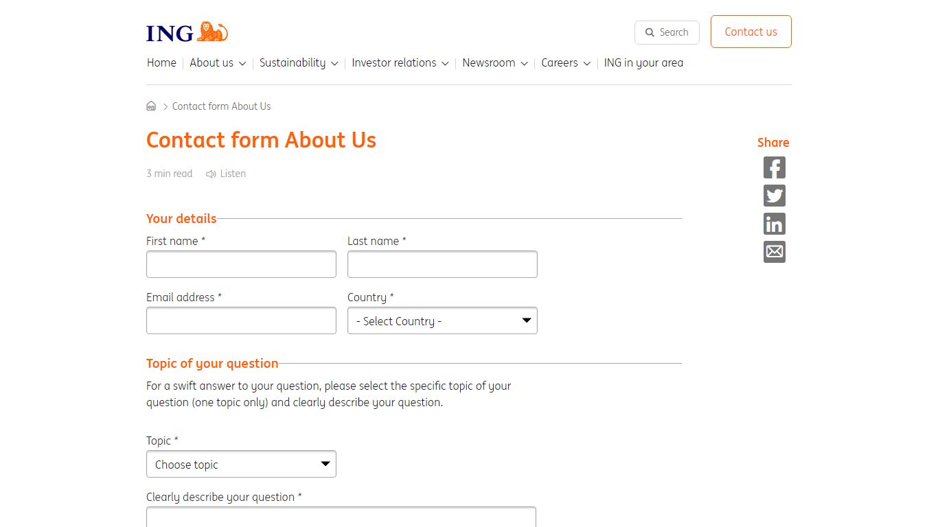 Contact form About Us | ING